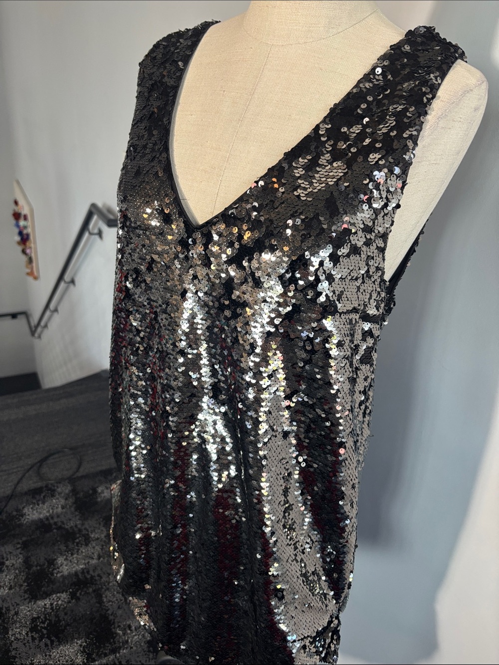 Sequin V-Neck Mini Dress - Black/Silver